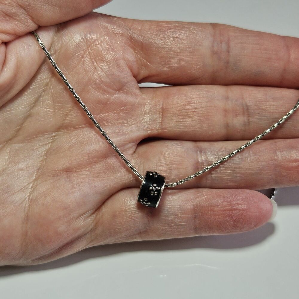 Lady Remington Silver Tone Black Enamel Floral Round Charm Necklace 16-19"